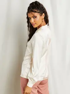 Styli Nude-Coloured Long Sleeves Colorblock Button Though Satin Woven Shirt