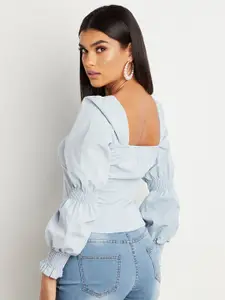 Styli Women Blue Button Through Bishop Sleeves Blouse