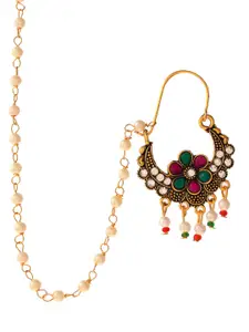 Silvermerc Designs Gold-Plated Pink & Green Coloured Pearl Bridal Chained Nose Ring