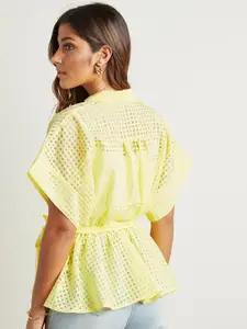 Styli Yellow Checked Wrap Top with Waist Tie Up