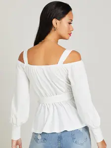 Styli Women White Cold Shoulder Long Sleeves Blouse with Tie Belt