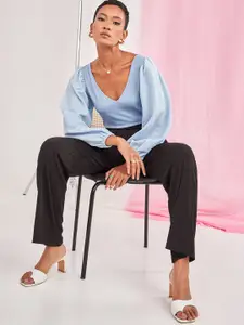 Styli Blue Balloon Sleeves V Neck Ribbed Blouse