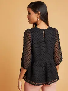 Styli Black Dobby Spot 3/4 Sleeves Peplum Blouse