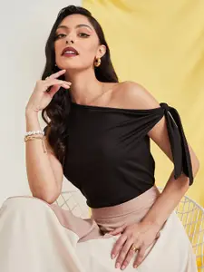 Styli Black Asymmetric Neck Tie Shoulder Detail Blouse