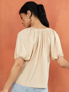 Styli Beige Solid Tie Up Neck Blouse