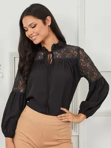 Styli Black Tie-Up Neck Top