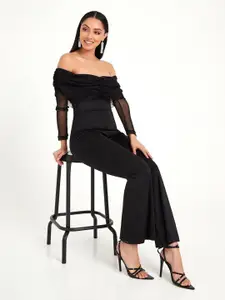 Styli Black Off Shoulder Mesh Insert Wide Leg Jumpsuit