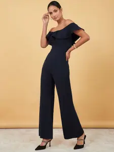 Styli Navy Blue Off Shoulder Wide Leg Jumpsuit with Ruffle Detail