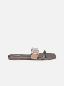 FOREVER 21 Women Brown Colourblocked Mules with Buckles Flats
