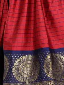 BownBee Girls Red & Navy Blue Ready to Wear South Indian Pavda Pattu Lehenga Set