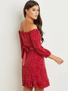 Styli Women Rust Red Spot Printed Bardot Crop Top and Wrap Mini Skirt Co-Ord Set