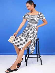 Styli Women Black & White Square Neck Gingham Top and Midi Skirt Co-Ord Set