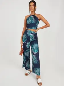 Styli Women Navy Blue Palm Print Halter Neck Crop Top and Wide Leg Trouser Co-Ords