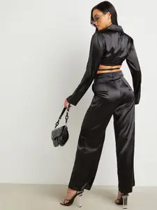 Styli Women Black Satin Wrap Top & Wide Leg Pants Co-Ord Set