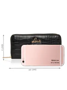 Lavie Glossy Sacy Women Black Animal Textured Zip Around Wallet