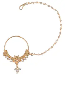 Crunchy Fashion Gold-Plated Kundan Studded Chained Nose Ring