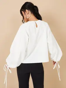 Styli Women White Tie Cuff Balloon Sleeves Round Neck Top