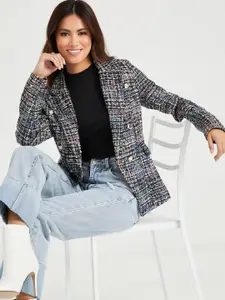 Styli Women Black & White Self-Design Single Breasted Blazer