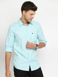 SPYKAR Men Turquoise Blue Solid Cotton Slim Fit Casual Shirt