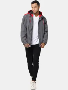 t-base Men Plus Size Grey & Red Solid Hooded Waterproof Rain Jacket