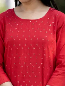 KAAJH Women Red Geometric Thread Work Summer Sheers Pathani Kurta