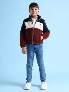 U.S. Polo Assn. Kids Boys Maroon & Off-White Colourblocked Sherpa Jacket