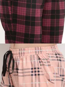 Claura Women Pack Of 2 Peach & Black Checked Pure Cotton Lounge Pants