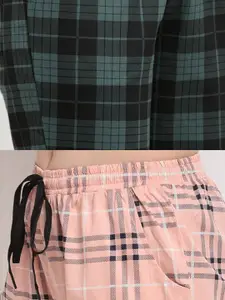 Claura Women Pack Of 2 Green & Pink Checked Pure Cotton Lounge Pants