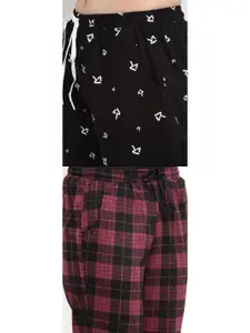 Claura Women Pack Of 2 Black & Red Printed Cotton Lounge Pants