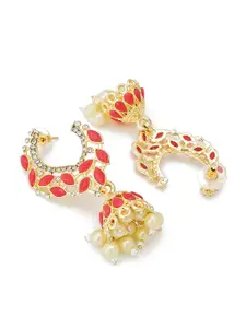 aadita Gold-Toned & Orange Crescent Shaped Jhumkas Earrings