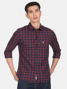 U.S. Polo Assn. U S Polo Assn Men Navy Blue and Red Tartan Checks Checked Casual Shirt