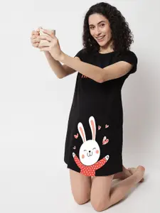 FFLIRTYGO Black Rabbit Printed T-Shirt Nightdress