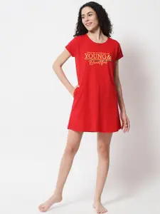 FFLIRTYGO Red Printed T-Shirt Nightdress