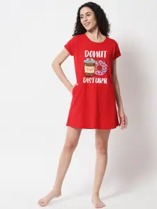 FFLIRTYGO Red Printed T-Shirt Nightdress