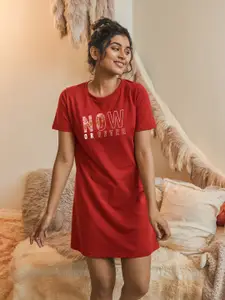 FFLIRTYGO Red Printed T-shirt Nightdress