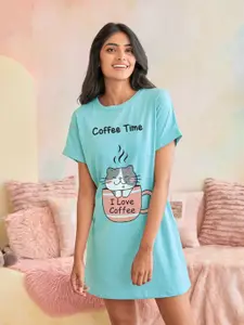 FFLIRTYGO Turquoise Blue Printed Nightdress