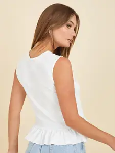 Styli White Sleeveless Ruffle Detail Top