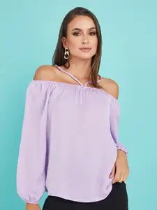 Styli Women Lavender Solid Strappy Off Shoulder Long Puff Sleeves Top