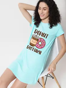 FFLIRTYGO Turquoise Blue Printed Nightdress