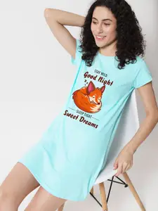 FFLIRTYGO Turquoise Blue Printed Nightdress