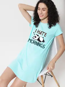 FFLIRTYGO Turquoise Blue Printed Nightdress