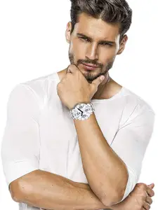 FERRIZZO Men White Printed Dial & Silver Toned Stainless Steel Bracelet Style Straps Analogue Watch LR111