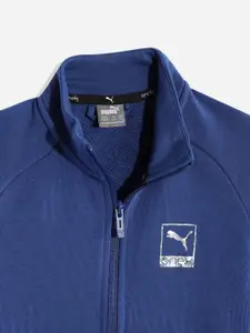 one8 x PUMA Boys Blue Solid Knitted Virat Kohli Logo Regular Fit Full-Zip Bomber Jacket