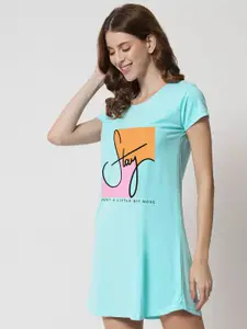 FFLIRTYGO women Turquoise Blue Printed Nightdress