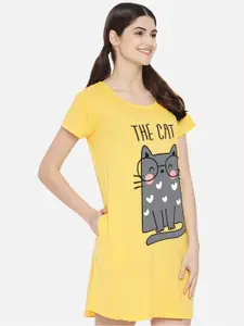 FFLIRTYGO Yellow Graphic Printed Nightdress