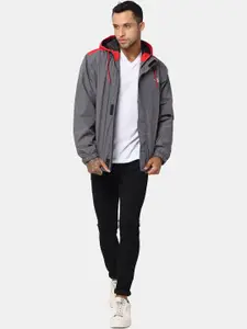 t-base Men Grey Red Colourblocked Windcheater and Water Resistant Sporty Jacket