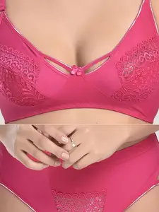 StyFun Women Pack of 2 Pink, Maroon Self Design Cotton Lycra Net Bra & Panty Lingerie Set