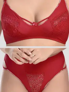 StyFun Women Maroon wine Cotton Lycra Net Bra & Panty Set Pack Of 2 Solid Lingerie Set