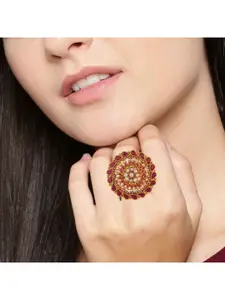 Efulgenz Gold-Plated Pink Crystal-Studded & Pearl Beaded Finger Ring