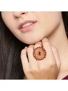 Efulgenz Gold-Plated Pink Crystals Studded & Pearl Beaded Cocktail Finger Ring